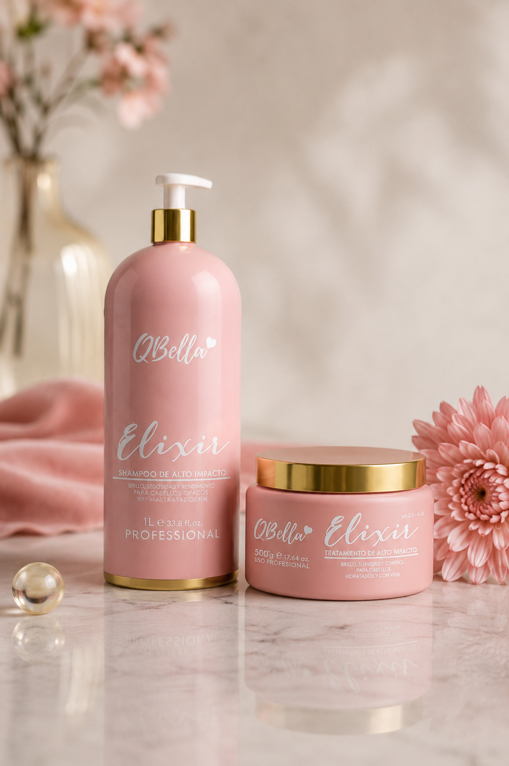 QBella Elixir Kit de Alto Impacto | Shampoo 1L + Tratamiento 500g para Cabello Seco, Maltratado y Opaco