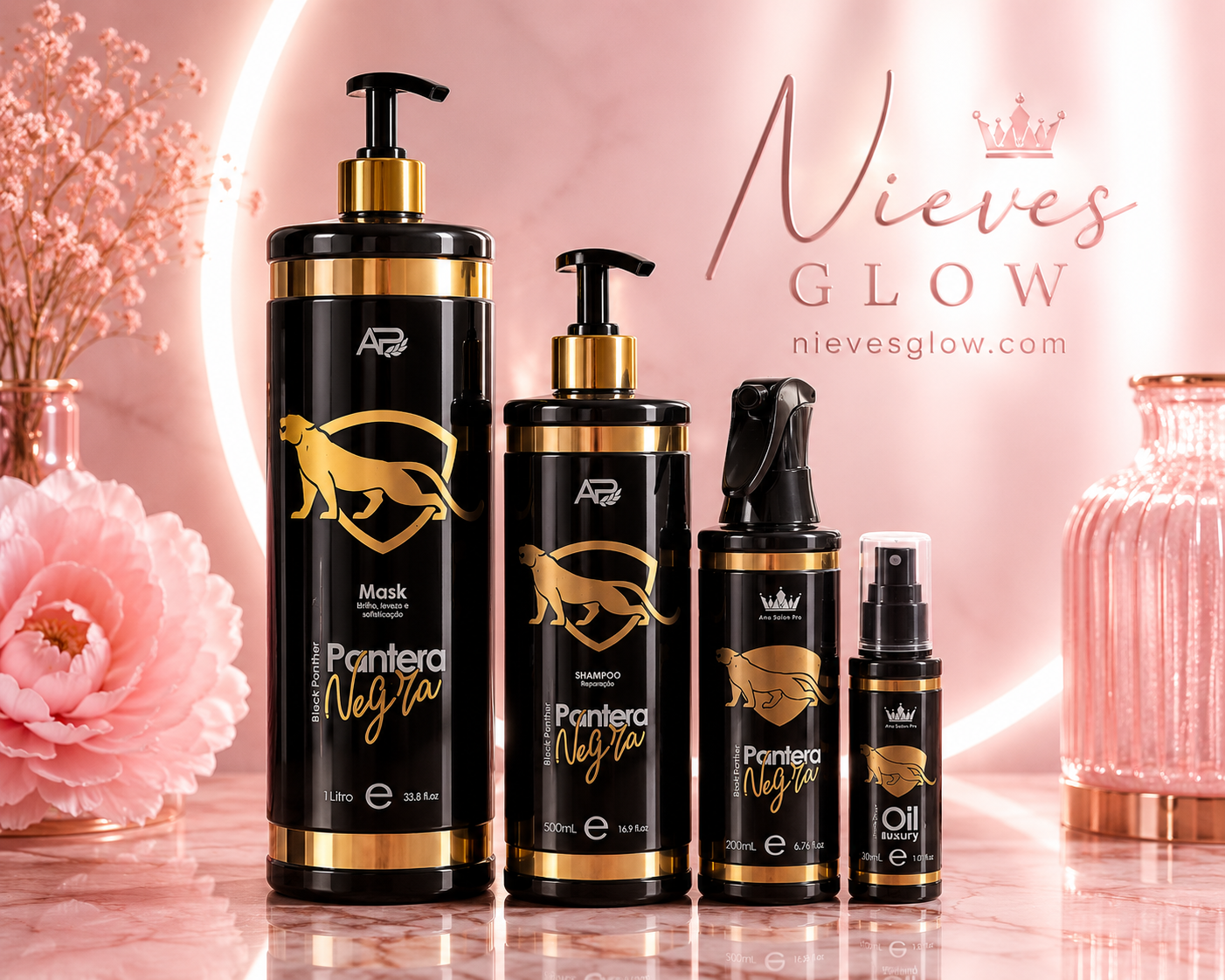 Kit Alisado Pantera Negra Premium – Shampoo, Alisado, Protector Térmico y Aceite Capilar